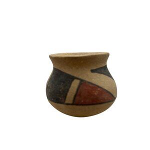 Vintage Handmade Miniature Clay Pot Geometric Painted Design Rounded Bottom
